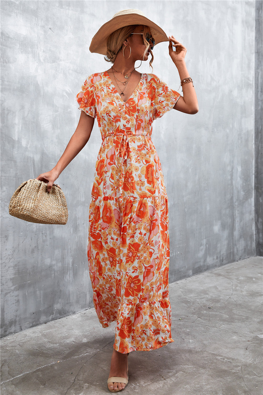 Buy Floral Buttoned Drawstring Waist Tiered Dress by Faz