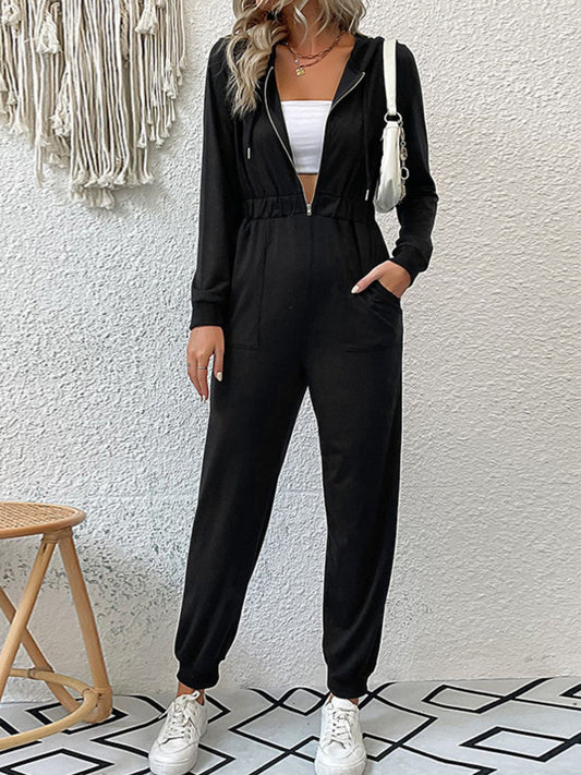 Buy Zip Up Elastic Waist Hooded Jogger Jumpsuit by Faz
