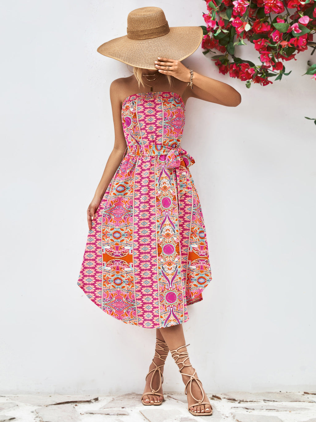 Buy Printed Strapless Tie Belt Dress by YO