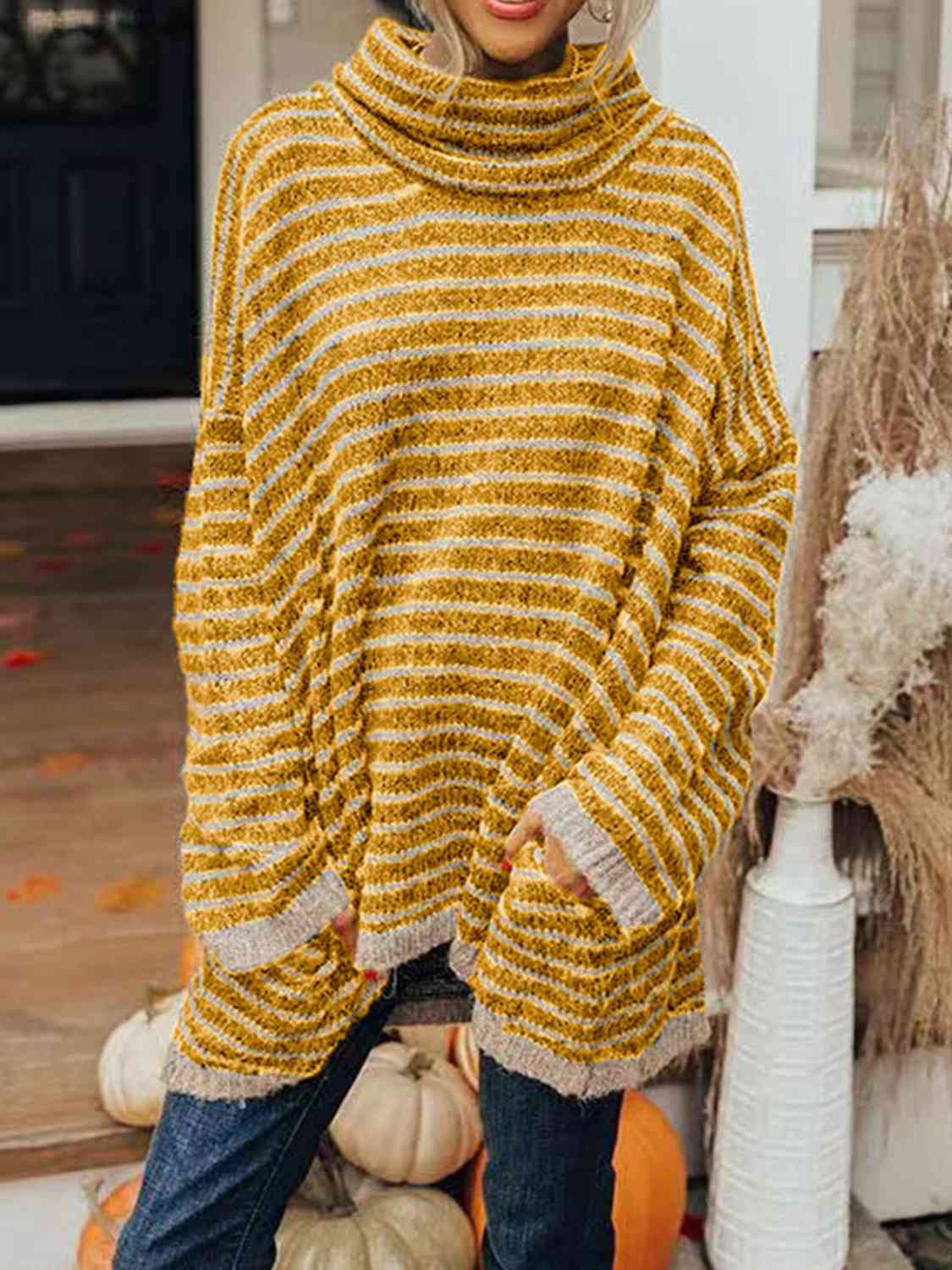 Buy Striped Turtleneck Sweater with Pockets by Faz