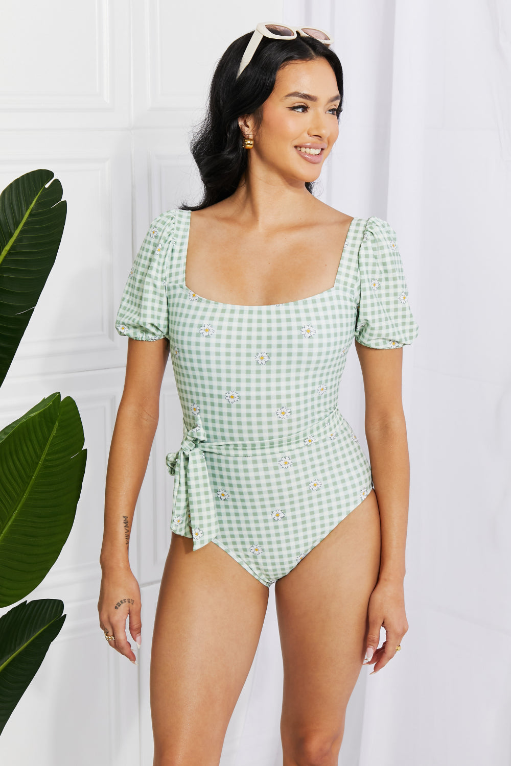 Buy Salty Air Puff Sleeve One-Piece in Sage by Marina West Swim