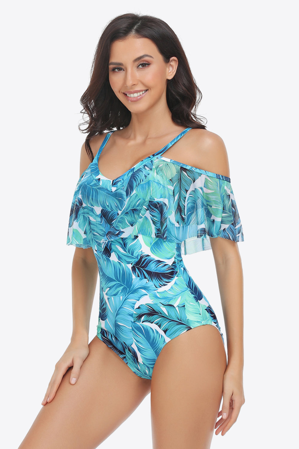 Buy Botanical Print Cold-Shoulder Layered One-Piece Swimsuit by Faz