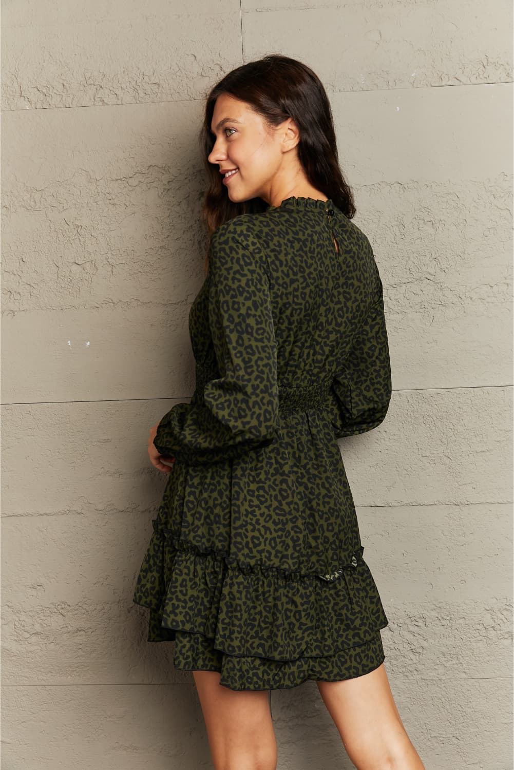 Buy Leopard Smock Waist Long Sleeve Dress by Hanny