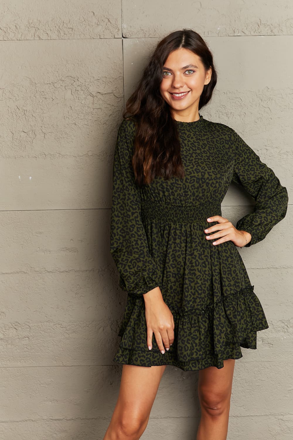 Buy Leopard Smock Waist Long Sleeve Dress by Hanny