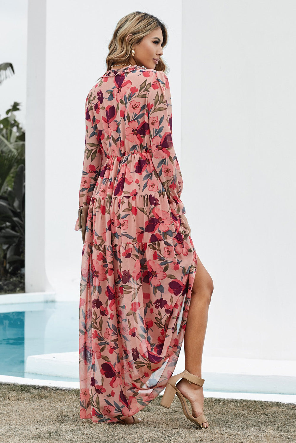 Buy Floral Frill Trim Flounce Sleeve Plunge Maxi Dress by SYNZ