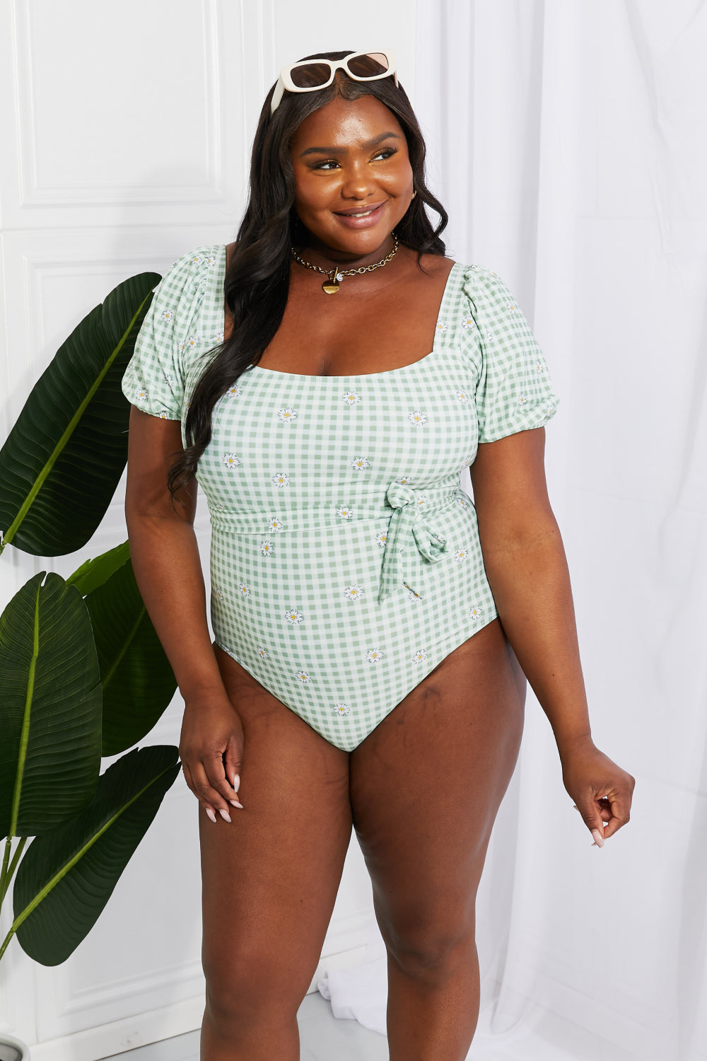 Buy Salty Air Puff Sleeve One-Piece in Sage by Marina West Swim