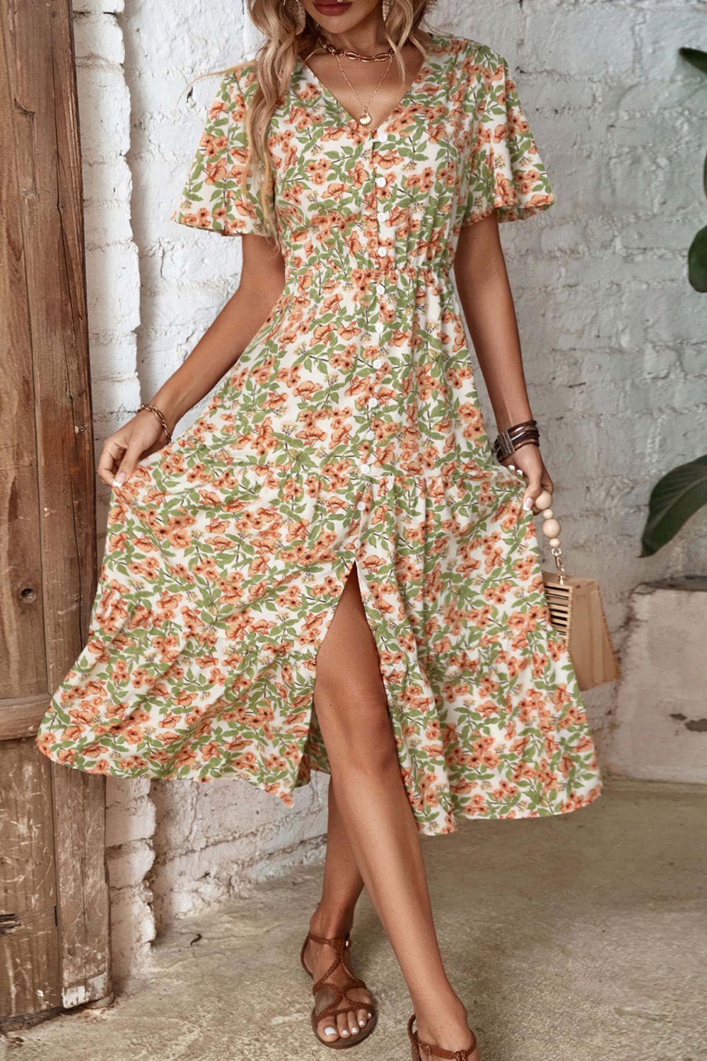 Buy Floral V-Neck Front Slit Dress by Hundredth