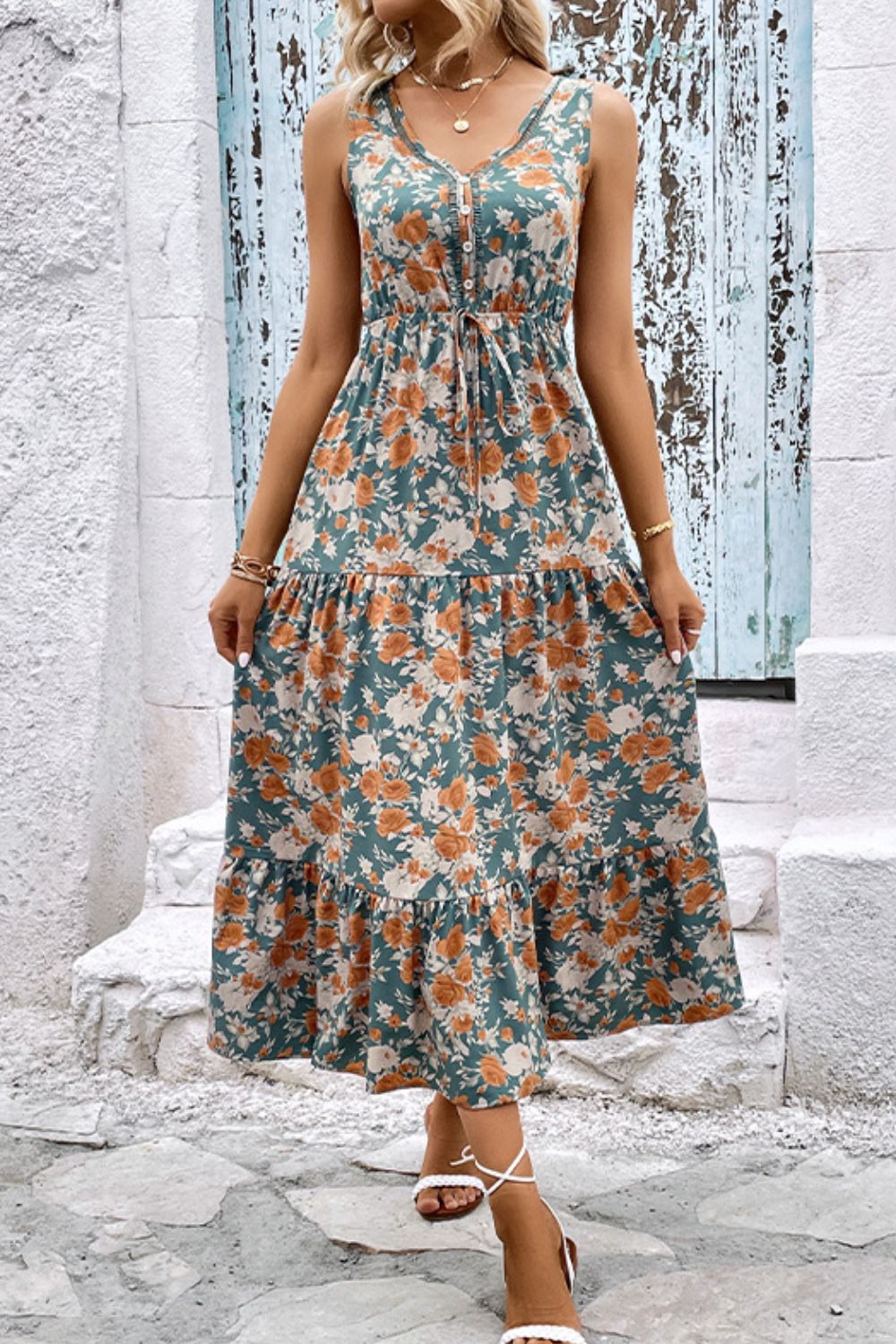 Buy Floral V-Neck Tiered Sleeveless Dress by Faz