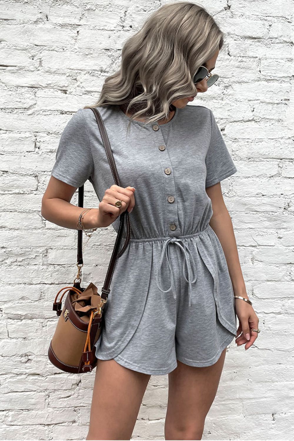 Buy Buttoned Drawstring Round Neck Romper by Faz