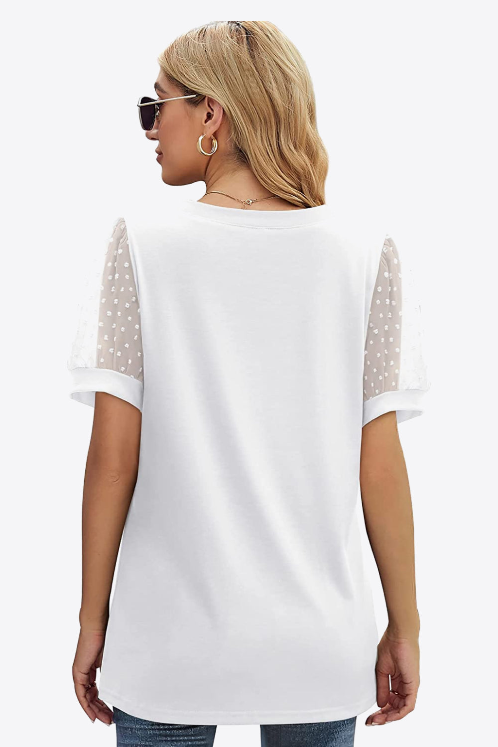 Buy Swiss Dot Puff Sleeve V-Neck Tee by Faz