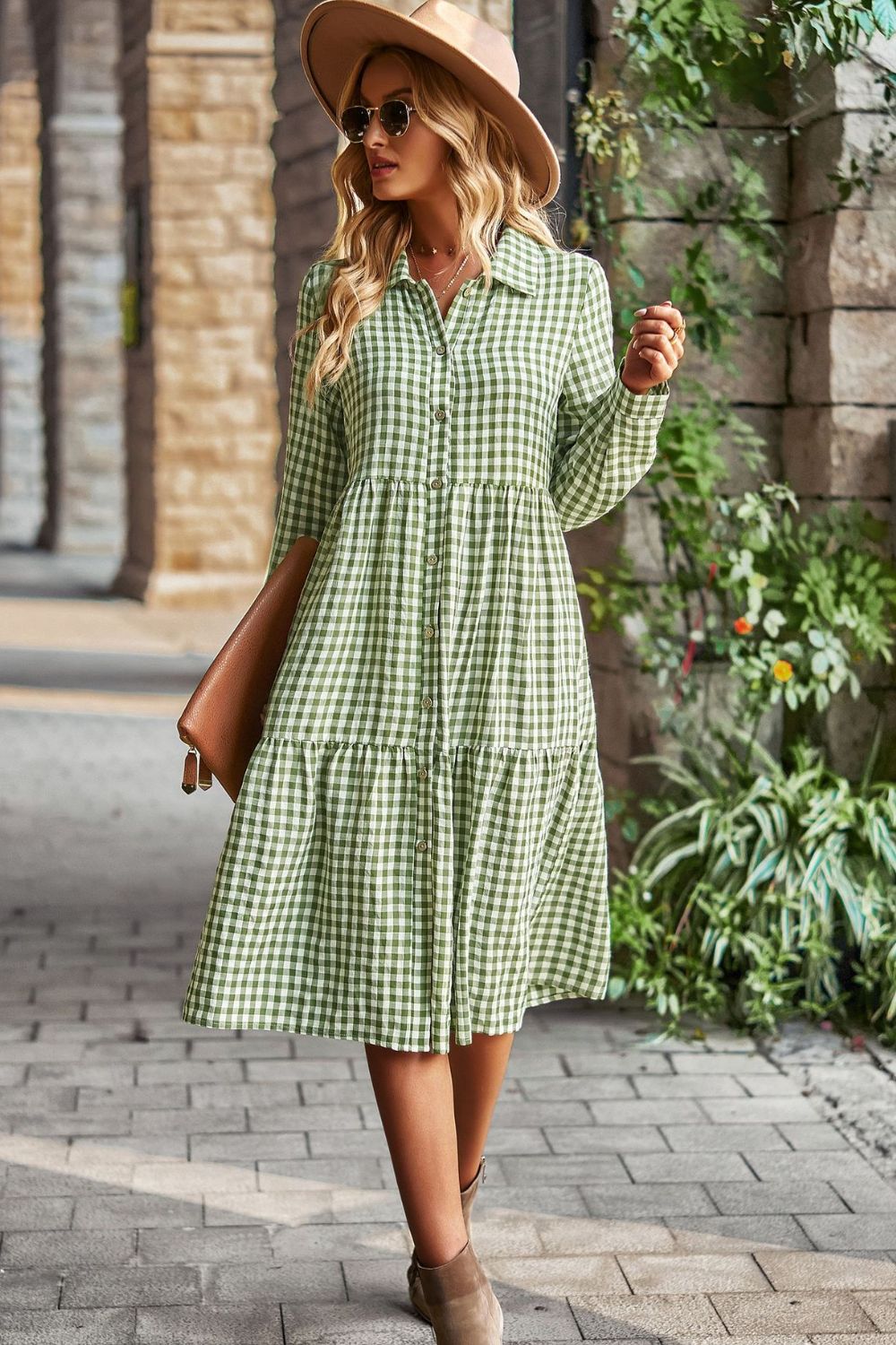 Collared Neck Long Sleeve Midi Dress