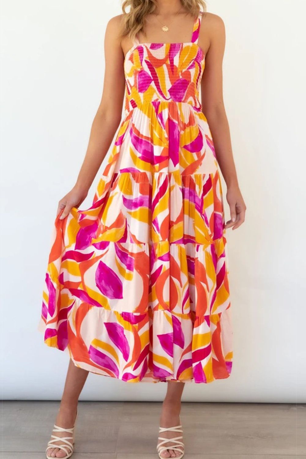 Printed Smocked Square Neck Tiered Sleeveless Dress