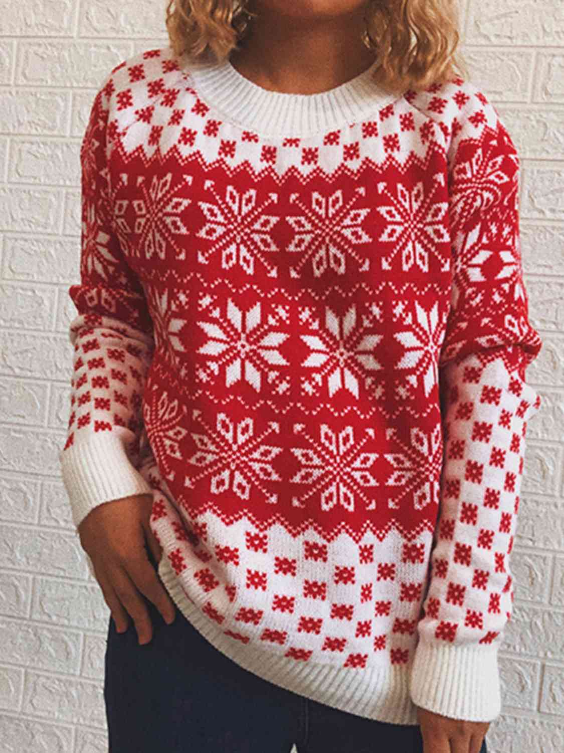 Buy Snowflake Pattern Long Sleeve Sweater by Faz