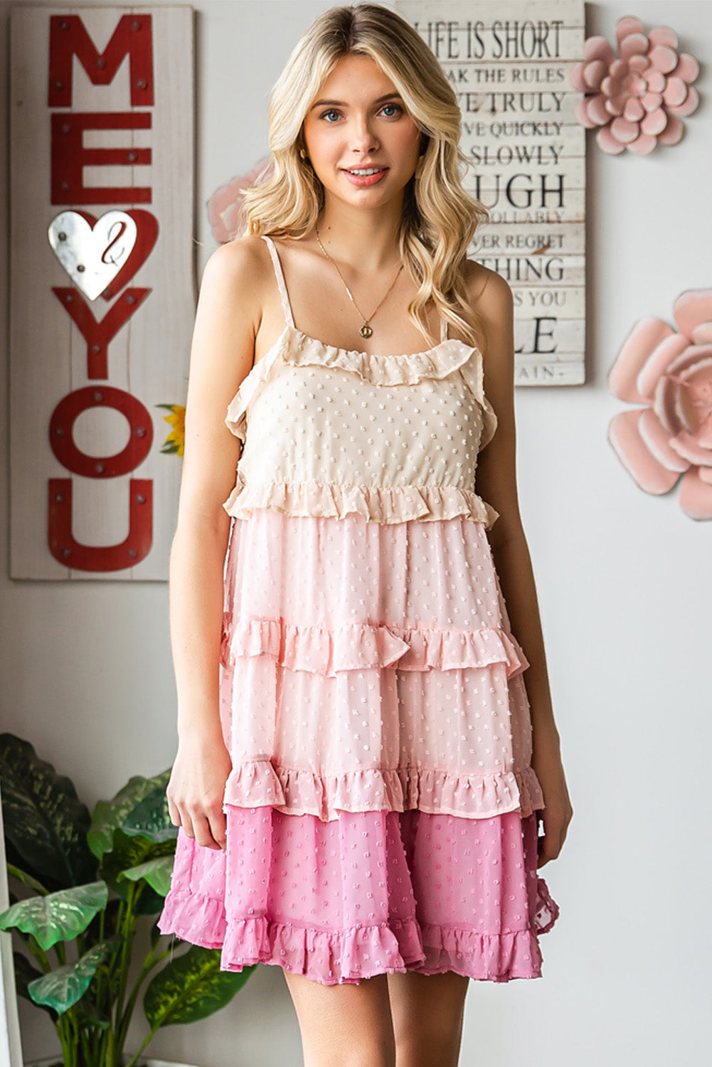 Buy Color Block Swiss Dot Ruffled Tiered Spaghetti Strap Dress by SYNZ