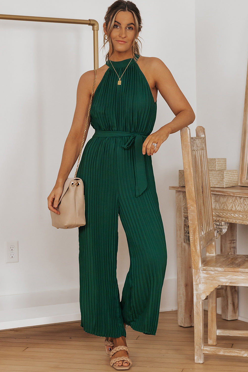 Buy Accordion Pleated Belted Grecian Neck Sleeveless Jumpsuit by Faz
