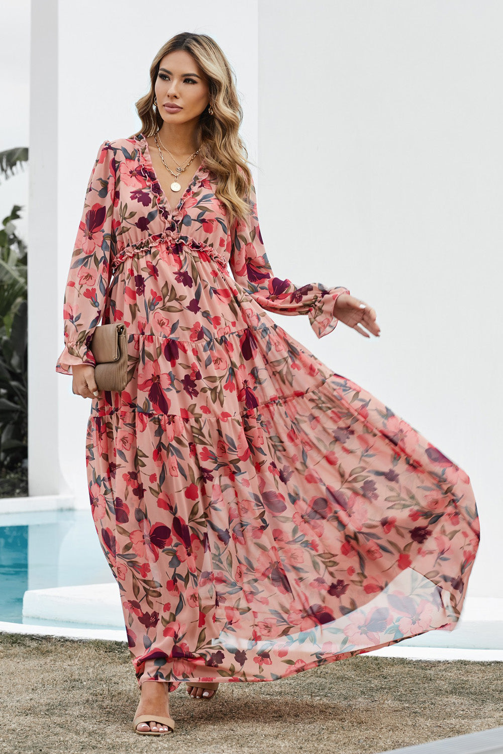 Buy Floral Frill Trim Flounce Sleeve Plunge Maxi Dress by SYNZ