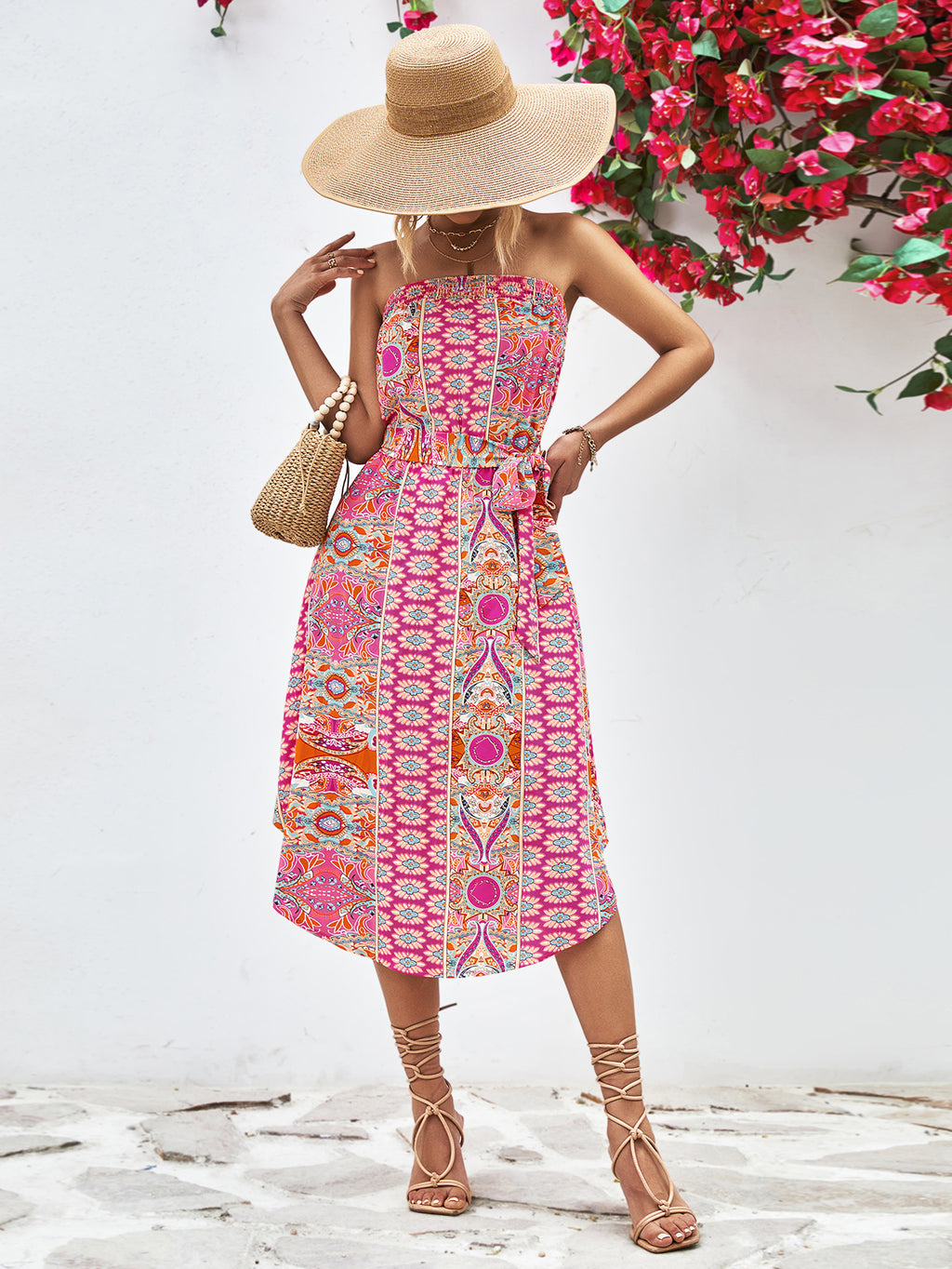 Buy Printed Strapless Tie Belt Dress by YO