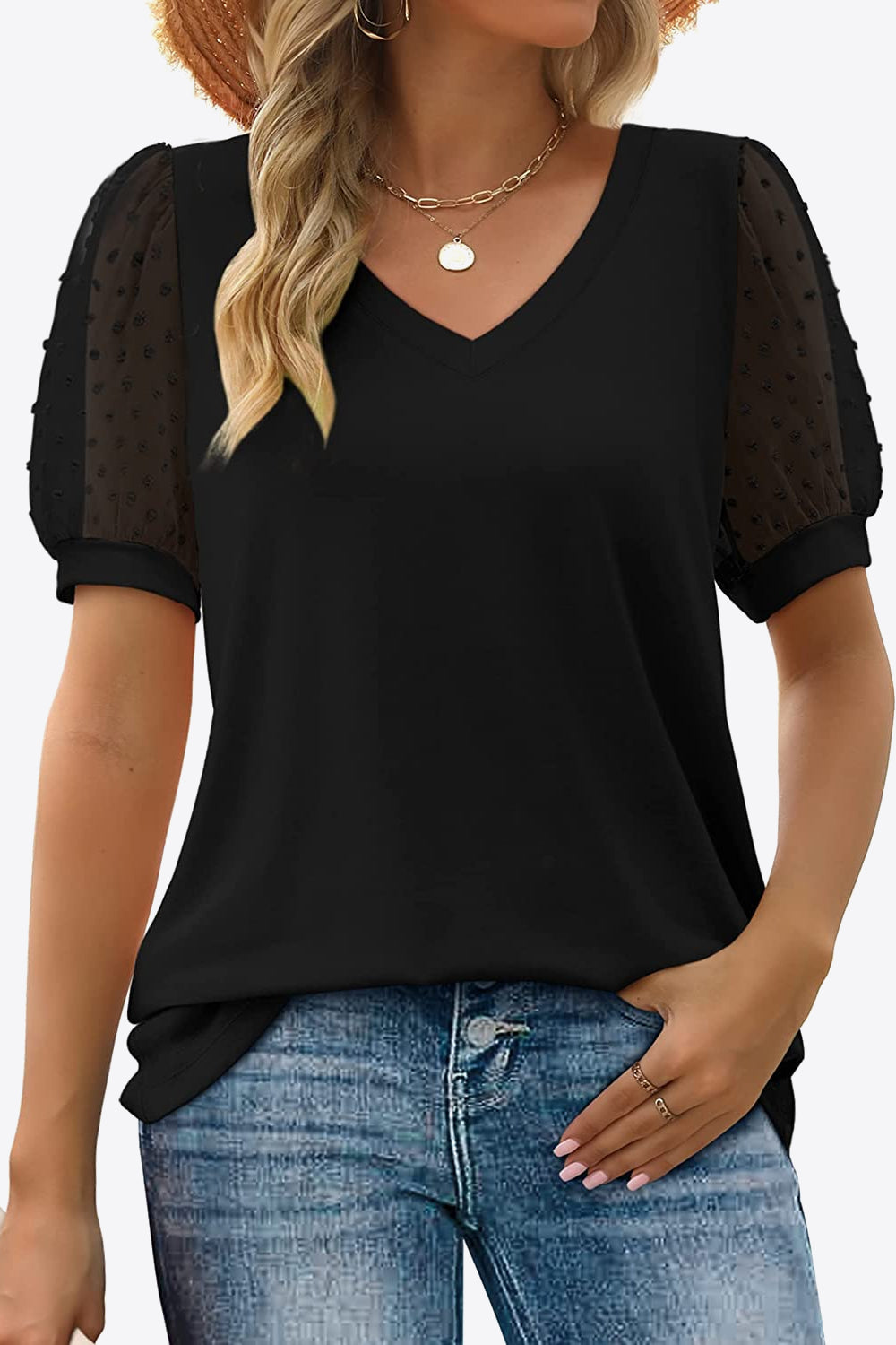 Buy Swiss Dot Puff Sleeve V-Neck Tee by Faz