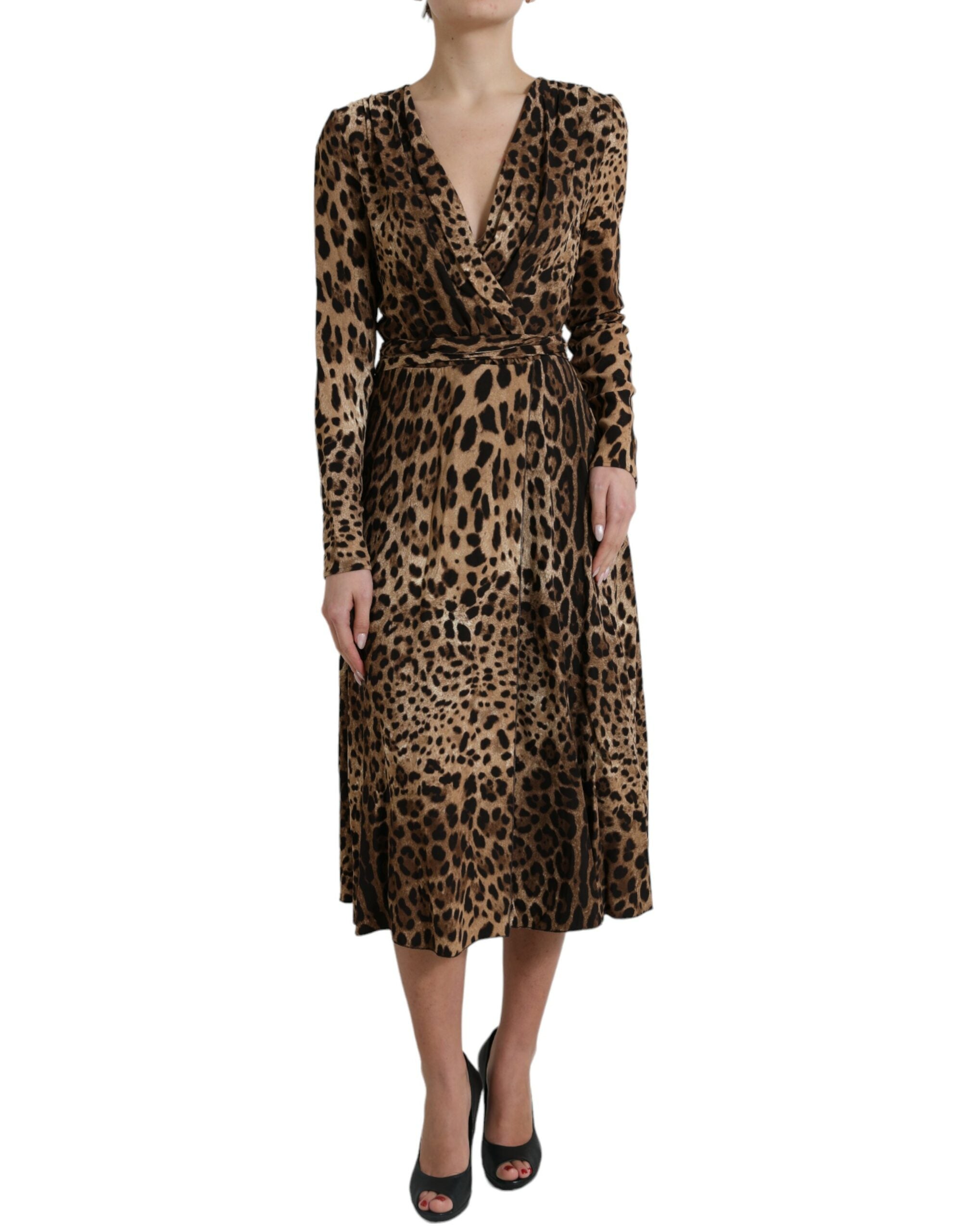 Brown Leopard Print Wrap Effect Midi Dress
