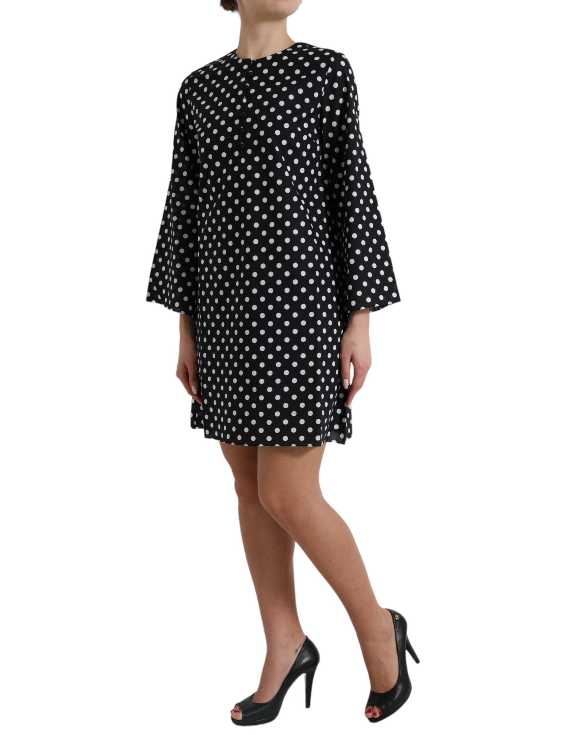 Black White Polka Dot Nylon Shift Mini Dress