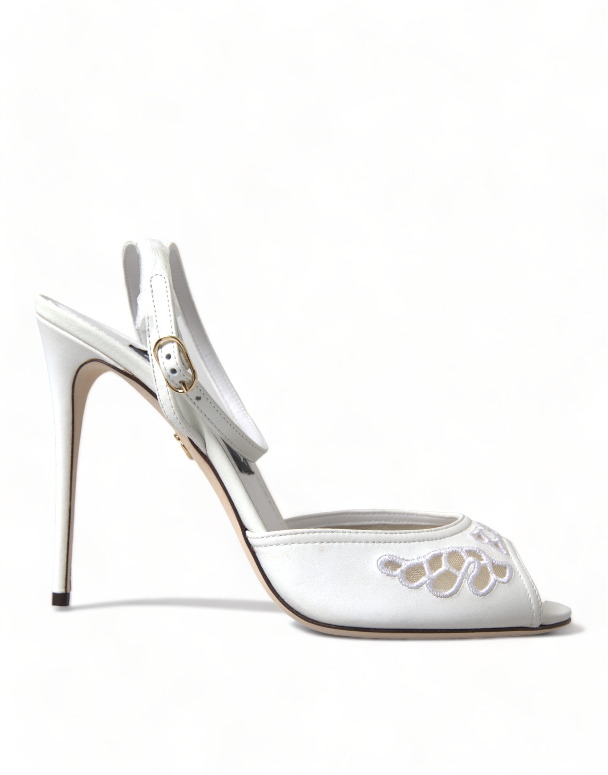 White Embroidered Ankle Strap Heels