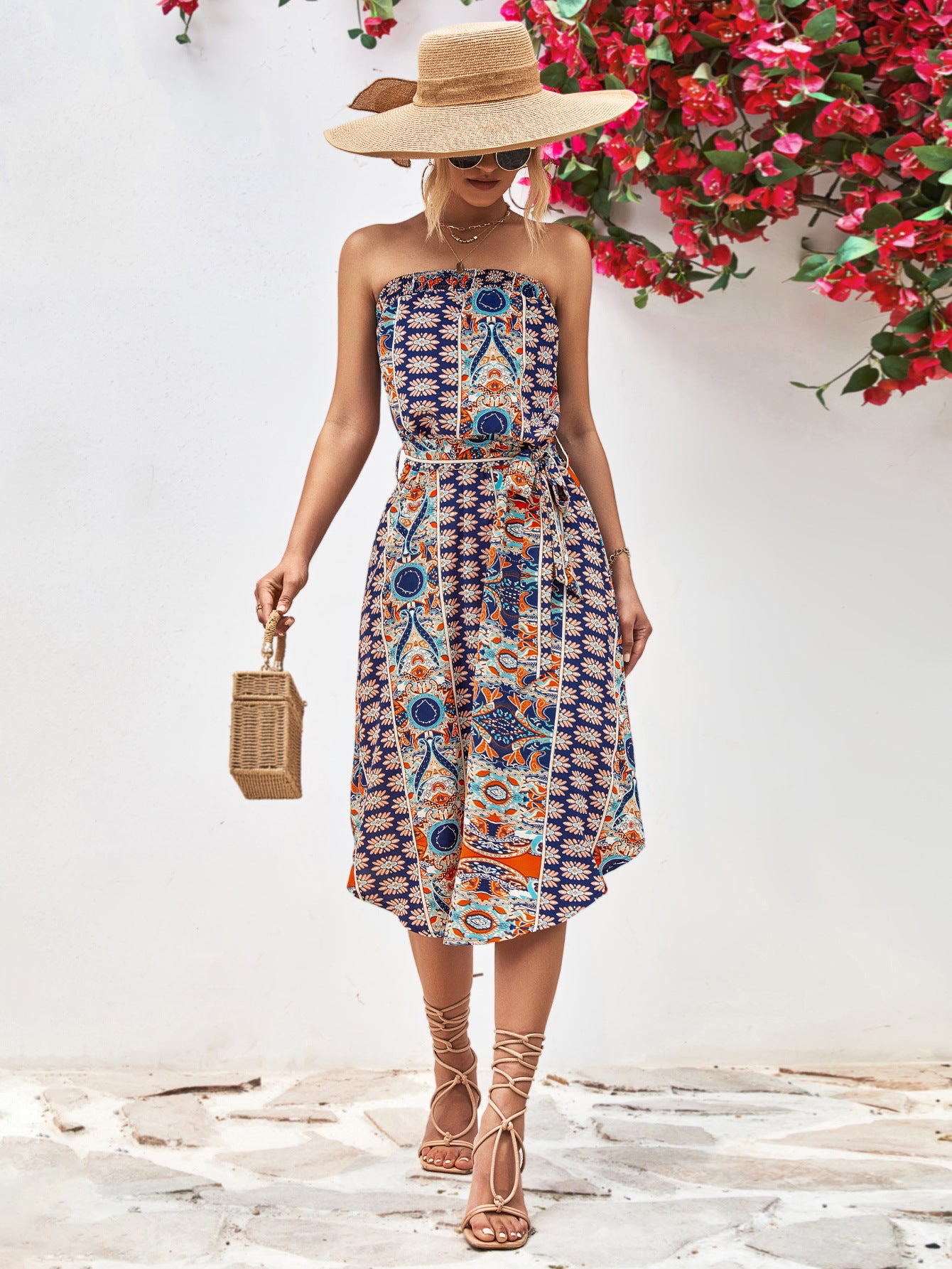 Buy Printed Strapless Tie Belt Dress by YO