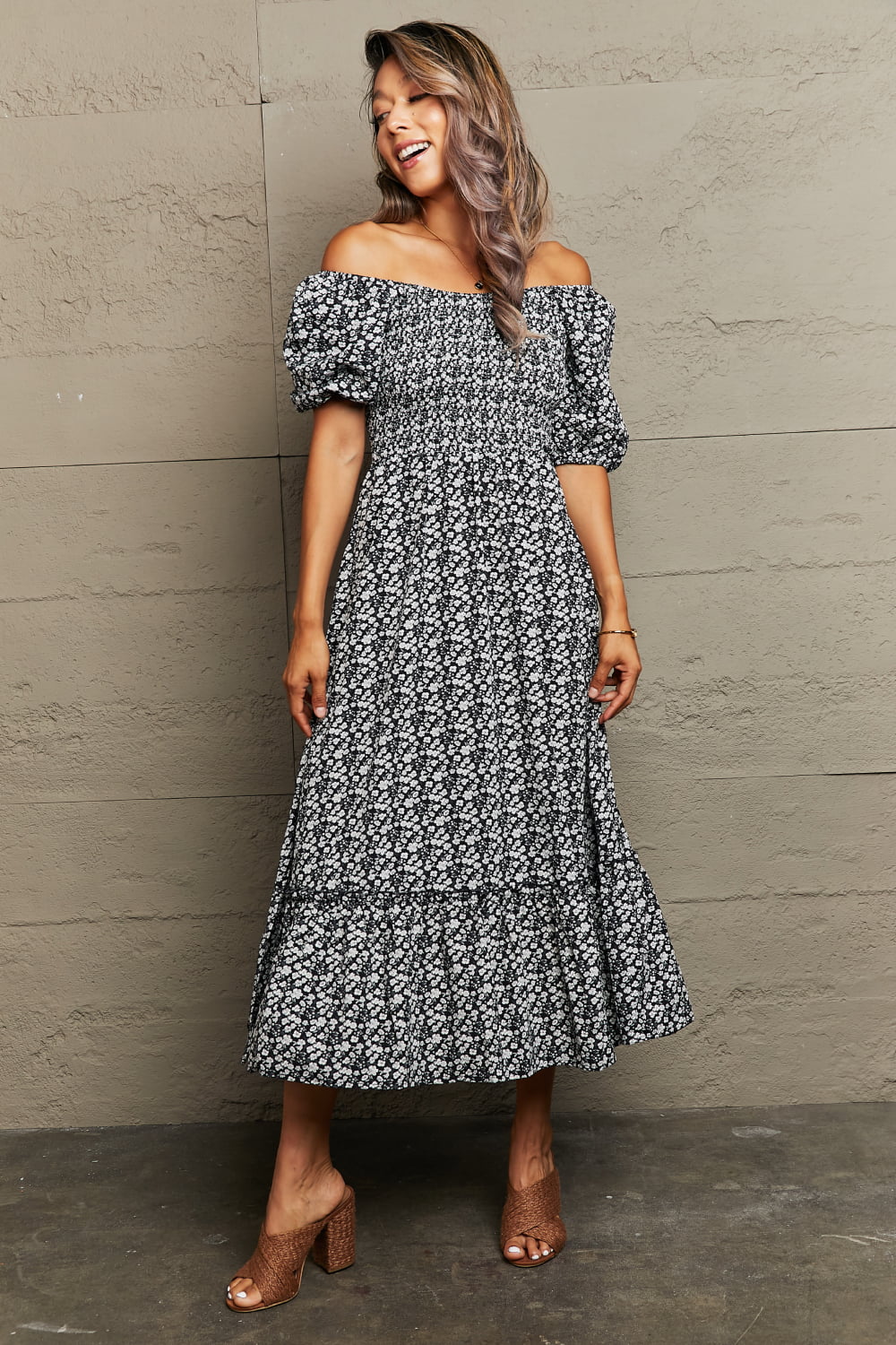 Buy Floral Lace-Up Off-Shoulder Midi Dress by Hundredth