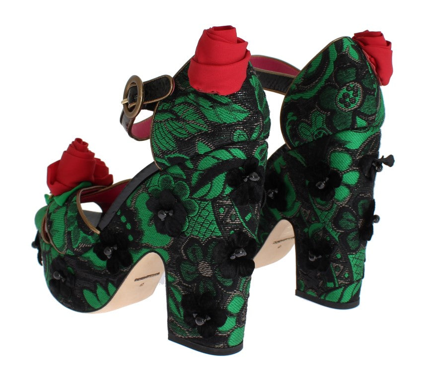 Buy Green Brocade Snakeskin Roses Crystal Shoes by Dolce & Gabbana