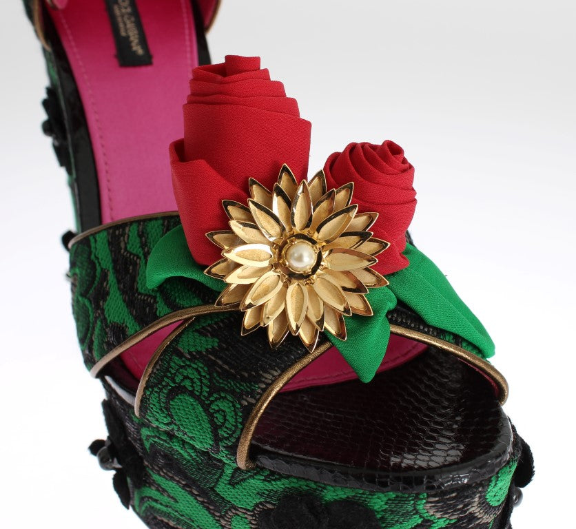 Buy Green Brocade Snakeskin Roses Crystal Shoes by Dolce & Gabbana