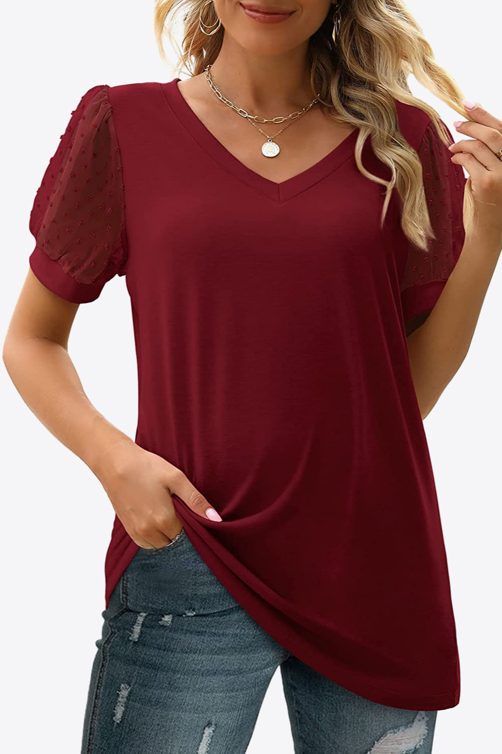 Buy Swiss Dot Puff Sleeve V-Neck Tee by Faz