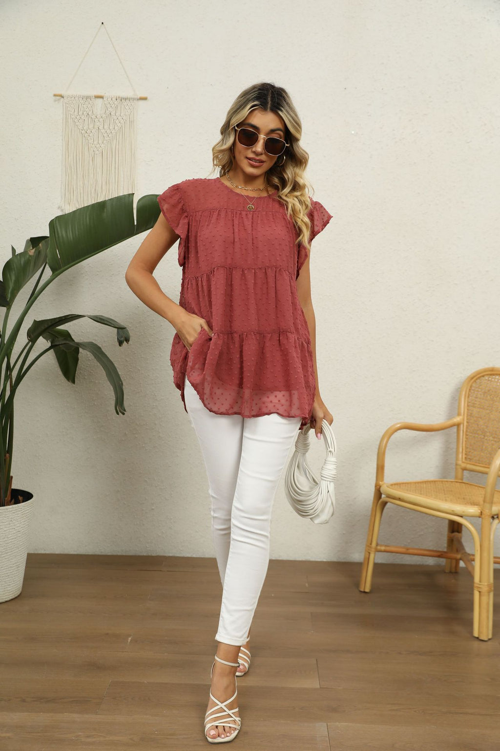 Buy Swiss Dot Round Neck Tiered Blouse by Faz