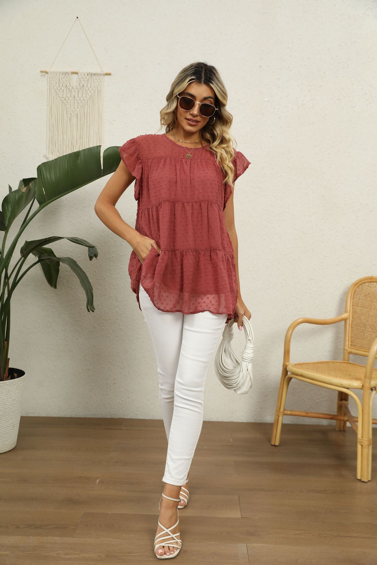 Buy Swiss Dot Round Neck Tiered Blouse by Faz