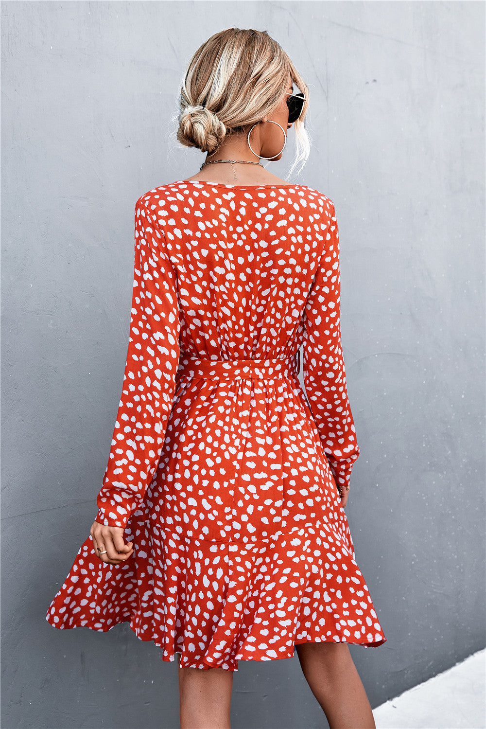 Buy Printed V-Neck Tie Belt Ruffle Hem Mini Dress by YO