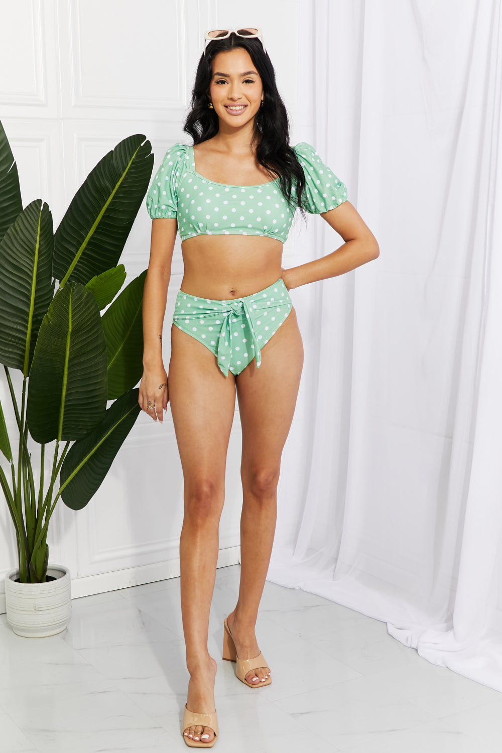 Buy Vacay Ready Puff Sleeve Bikini in Gum Leaf by Marina West Swim