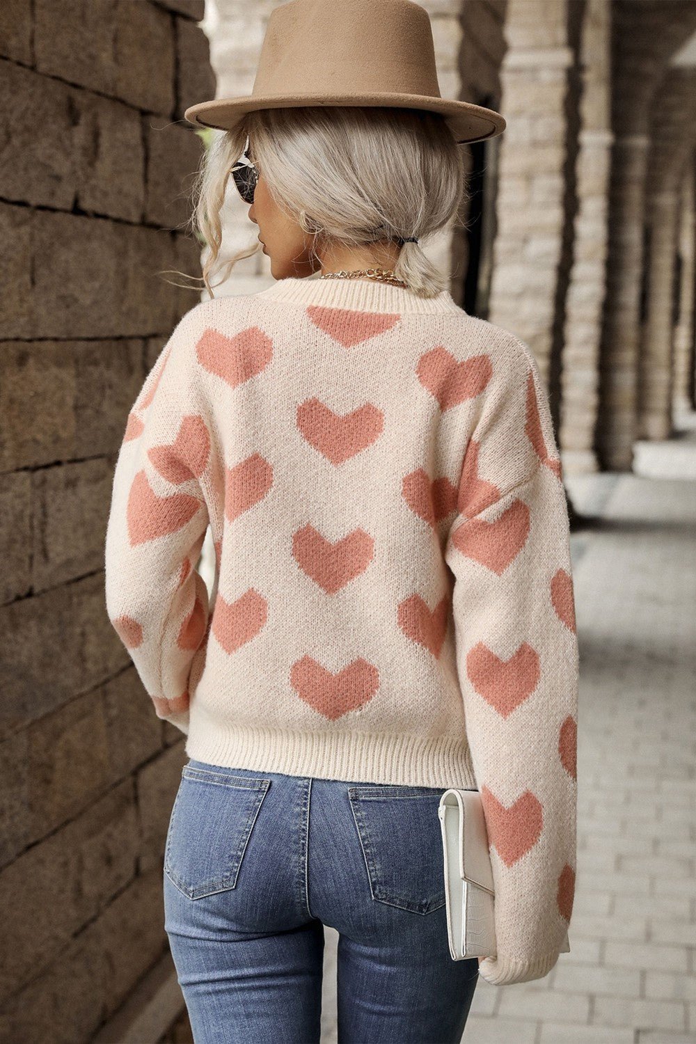 Buy Heart Pattern Dropped Shoulder Sweater by Faz