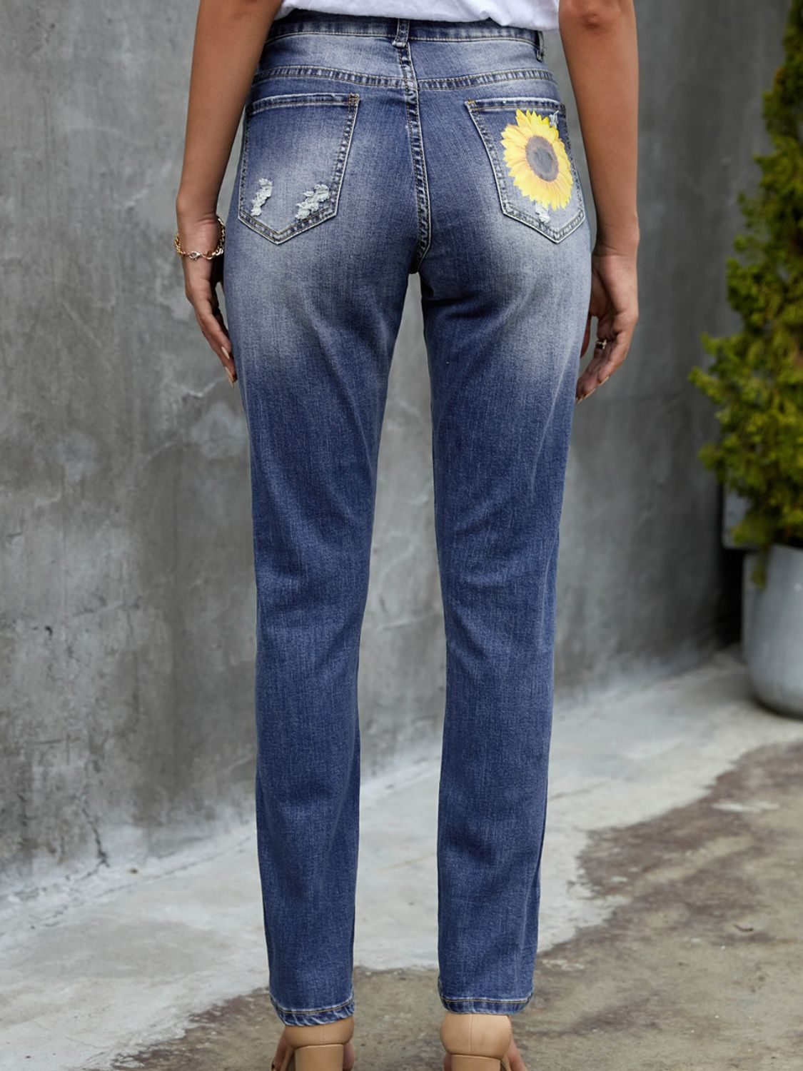 Buy Leopard Patchwork Sunflower Print Distressed High Waist Jeans by Faz