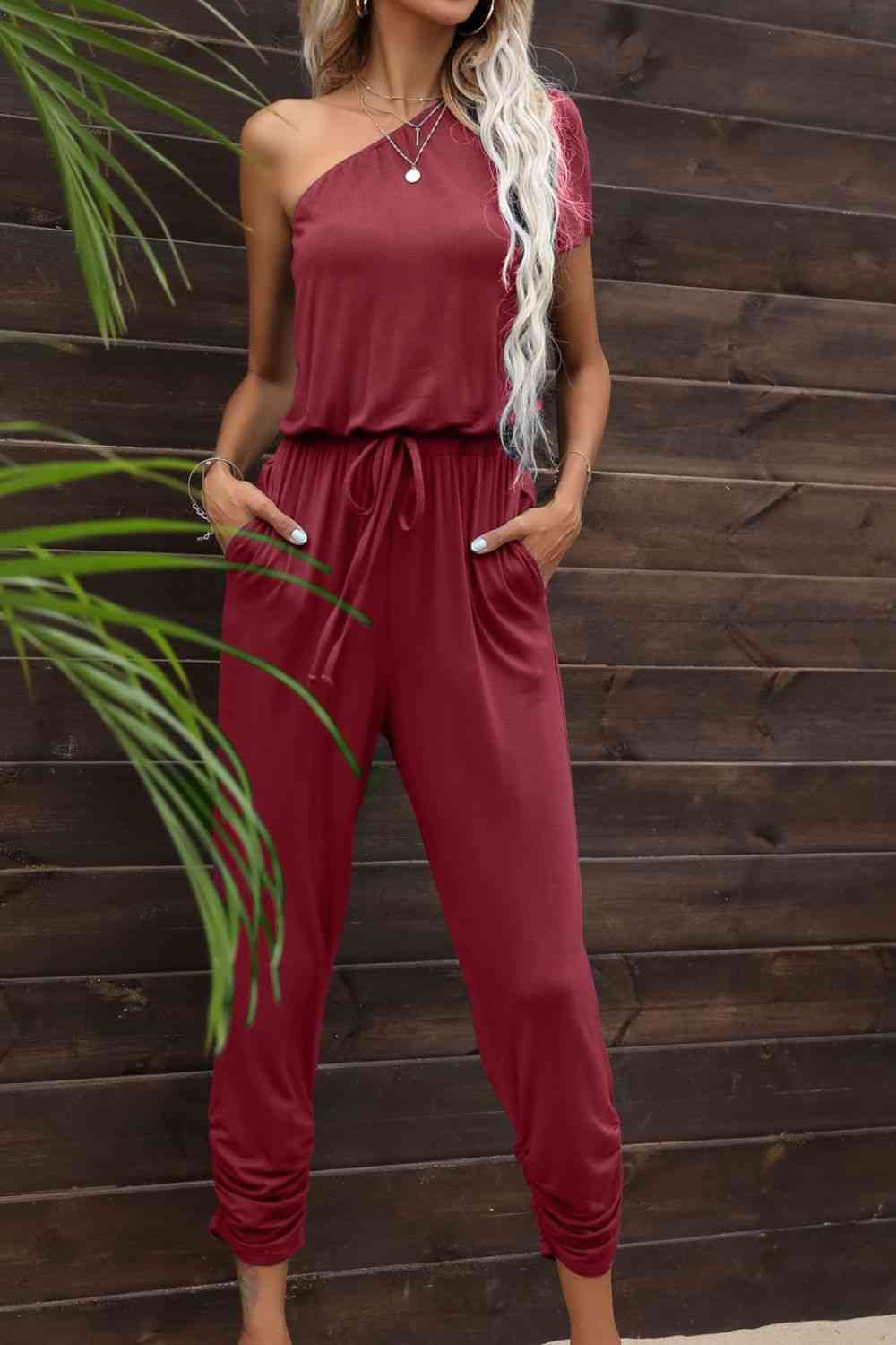 Buy Drawstring Waist One-Shoulder Jumpsuit with Pockets by Putica