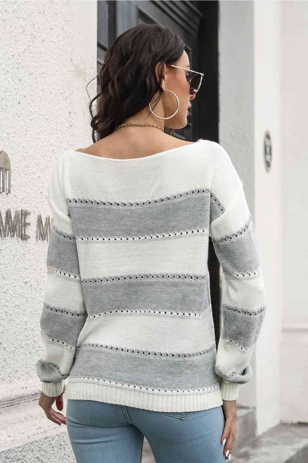 Buy Striped Boat Neck Dropped Shoulder Sweater by B&S
