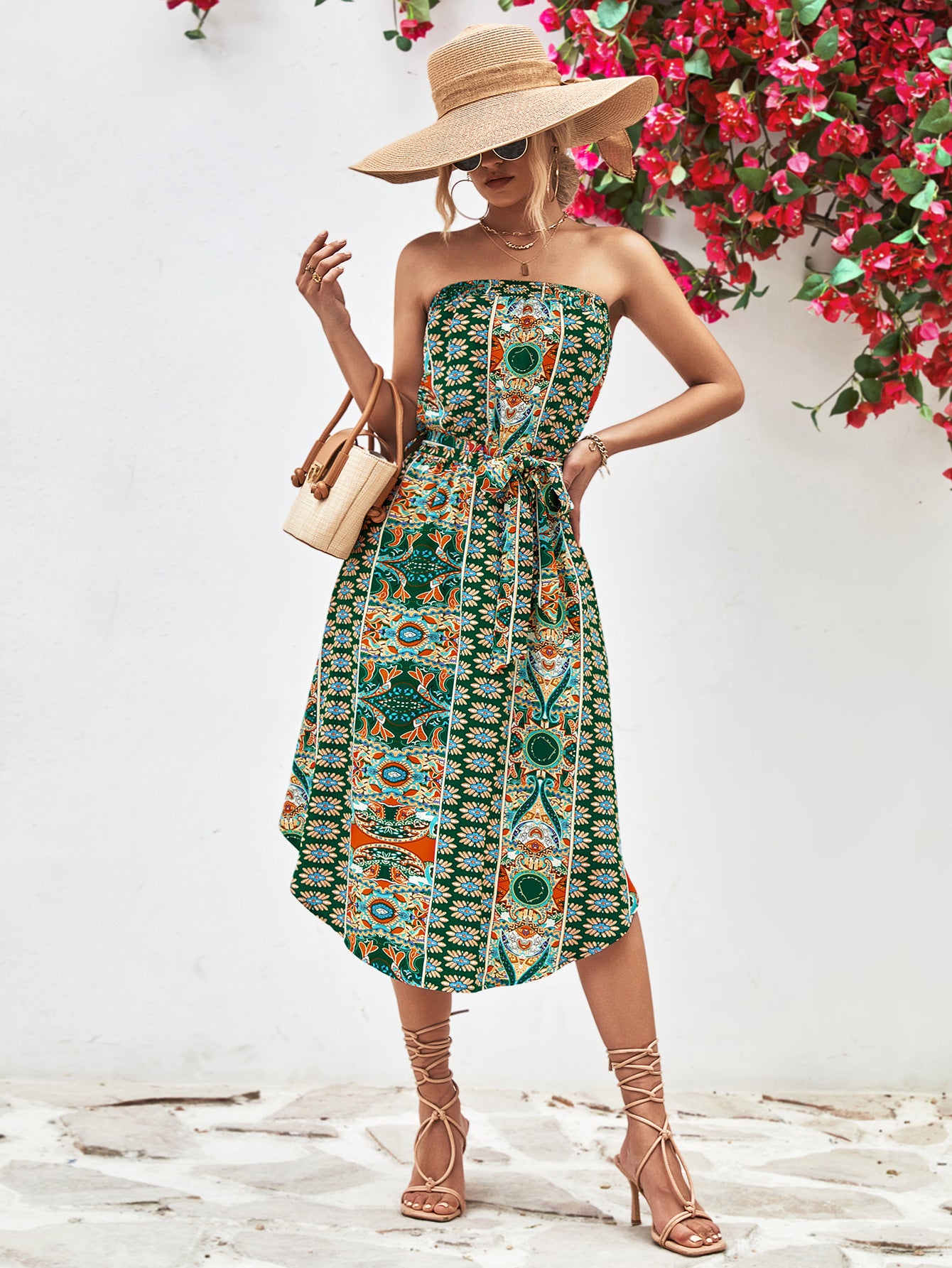 Buy Printed Strapless Tie Belt Dress by YO