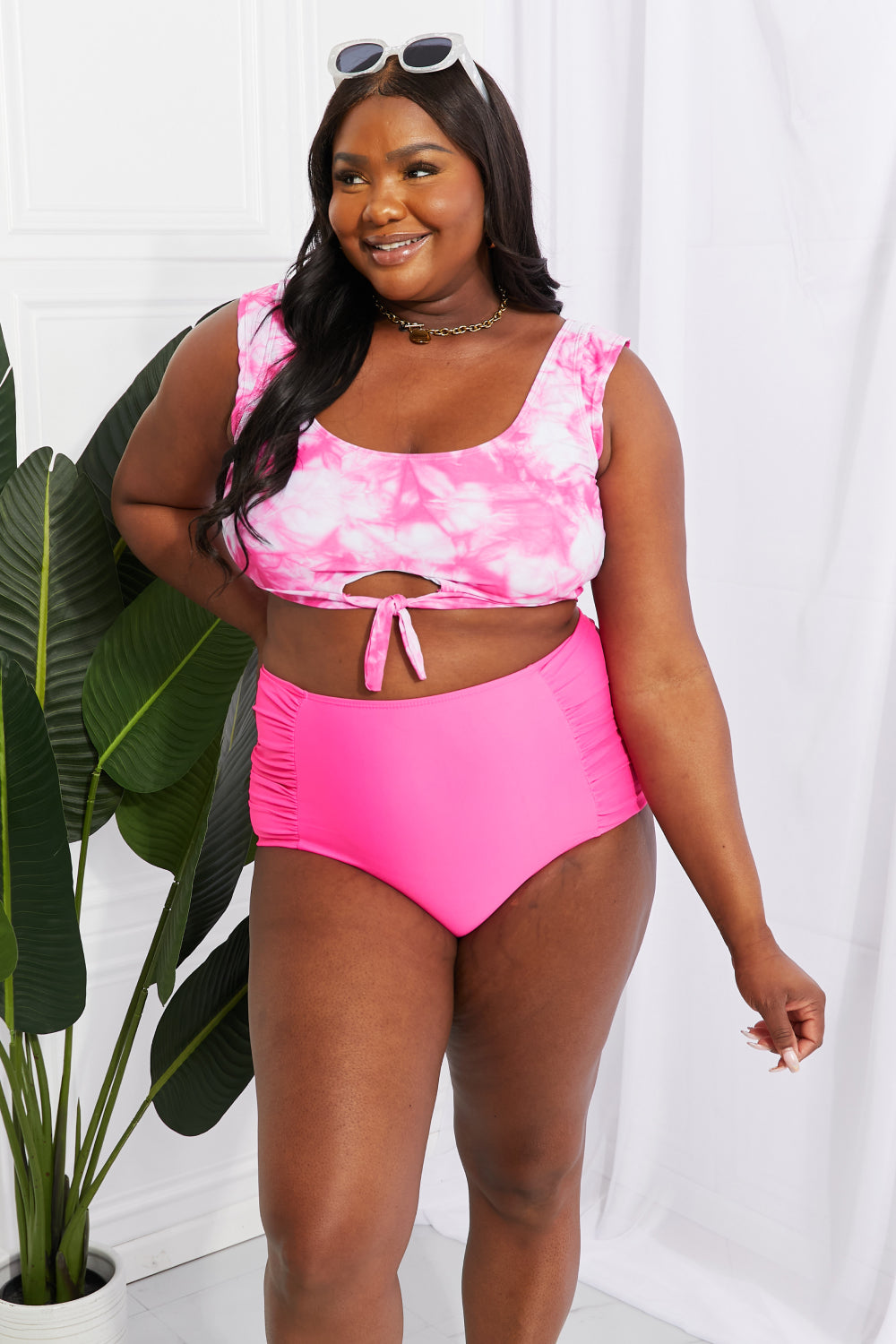 Buy Sanibel Crop Swim Top and Ruched Bottoms Set in Pink by Marina West Swim