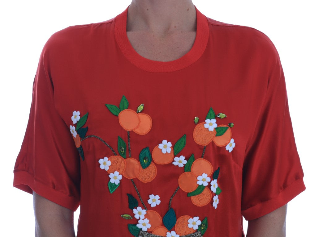Buy Red Silk Oranges Floral Crystal Blouse by Dolce & Gabbana
