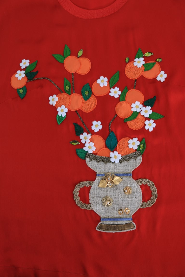 Buy Red Silk Oranges Floral Crystal Blouse by Dolce & Gabbana