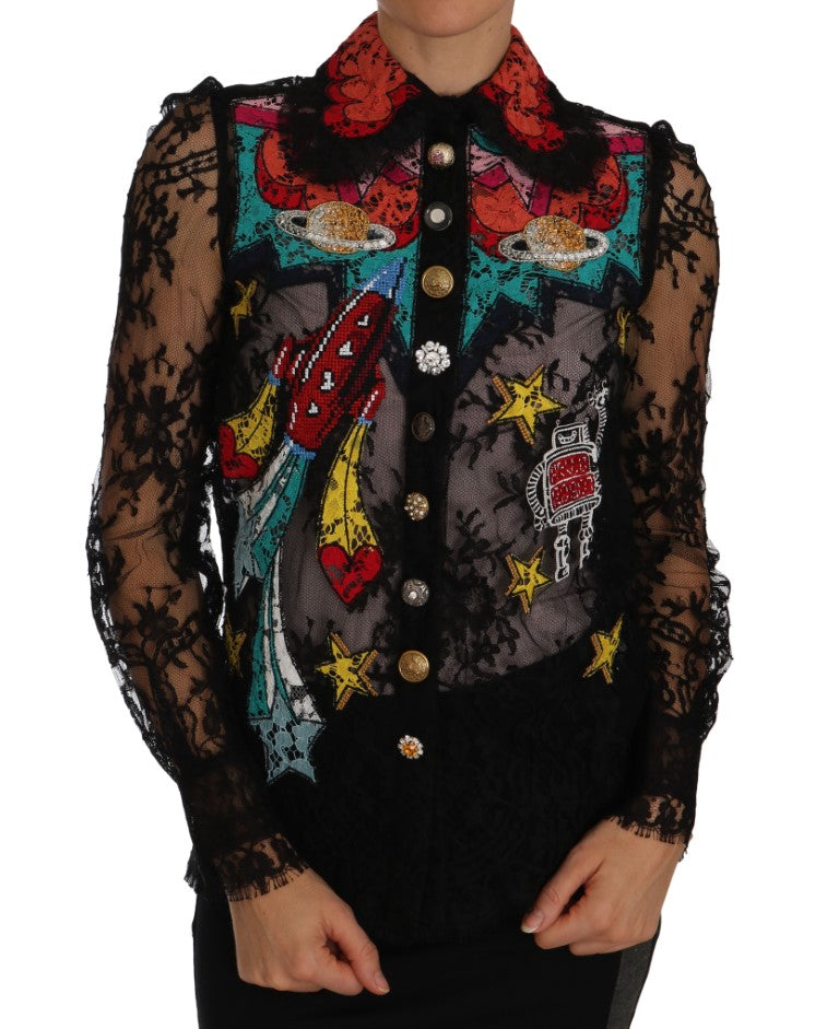 Buy Black Lace Crystal SPACE Shirt by Dolce & Gabbana