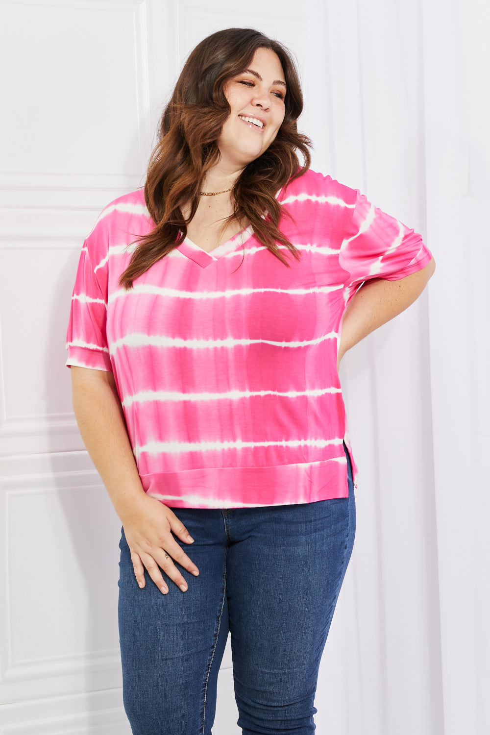 Buy Full Size Oversized Fit V-Neck Striped Top by Yelete