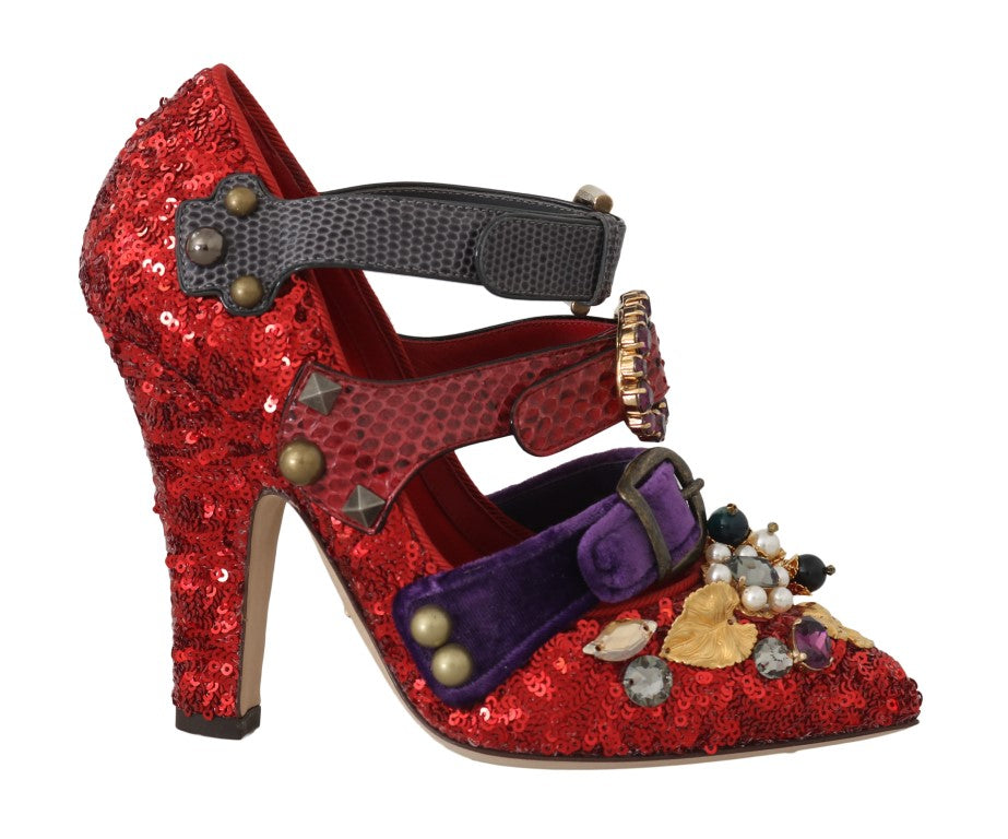Buy Red Sequined Crystal Studs Heels Shoes by Dolce & Gabbana