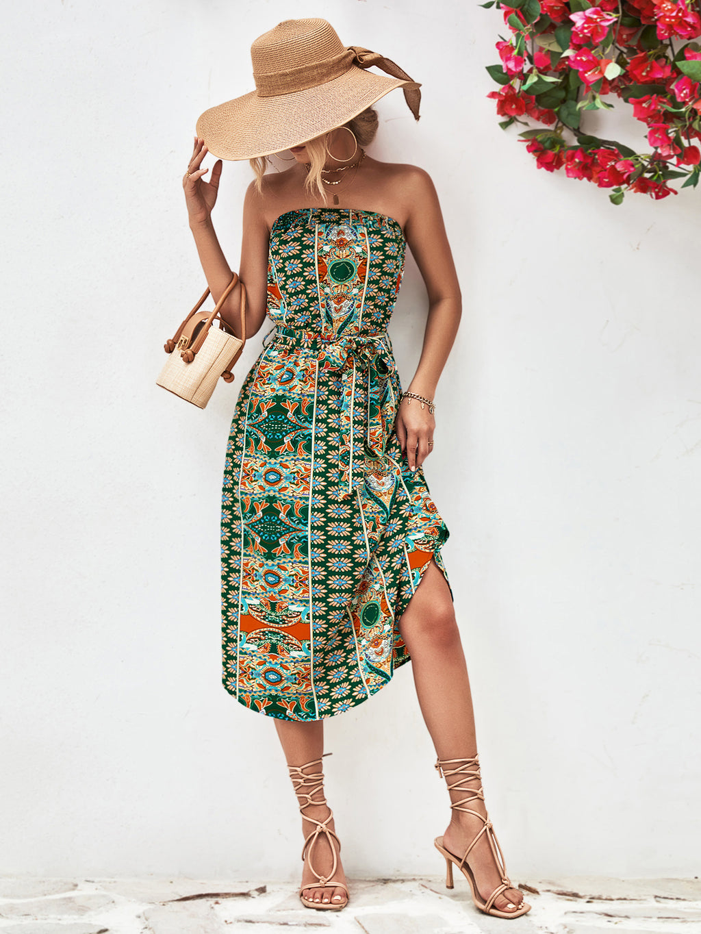 Buy Printed Strapless Tie Belt Dress by YO