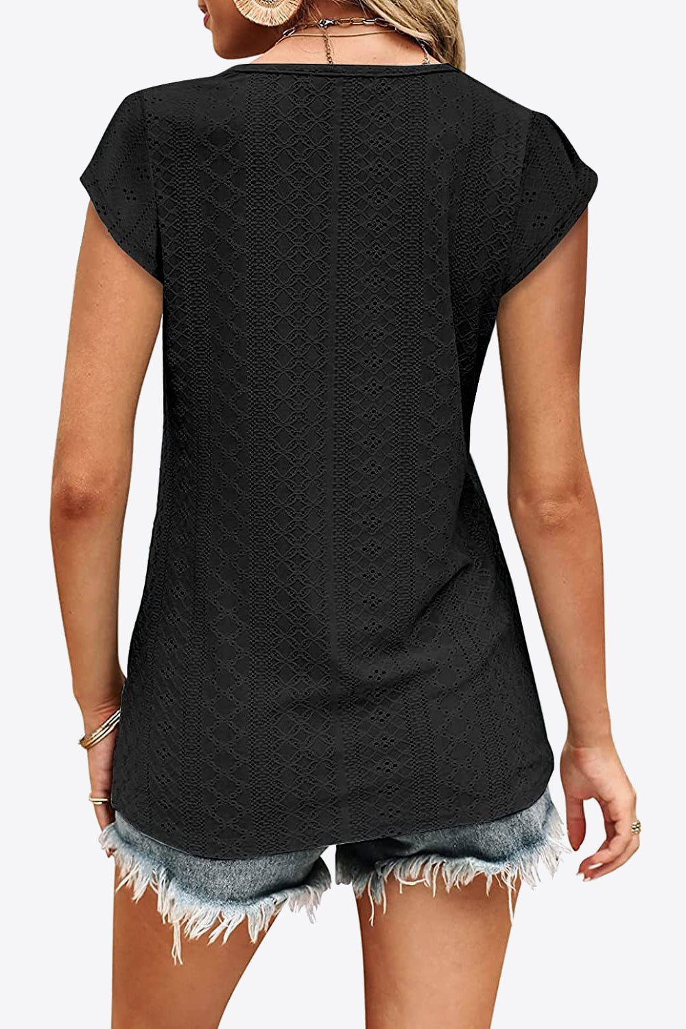 Buy Eyelet Contrast V-Neck Tee by Faz