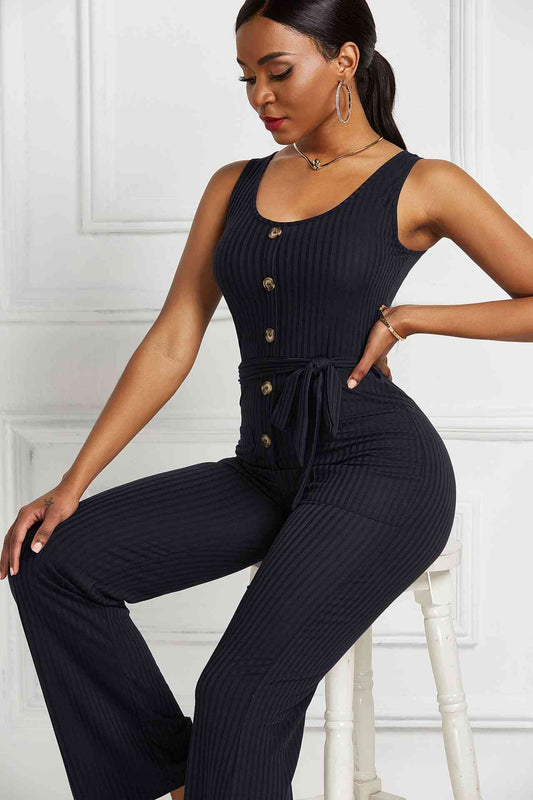 Buy Button Detail Tie Waist Jumpsuit with Pockets by Faz