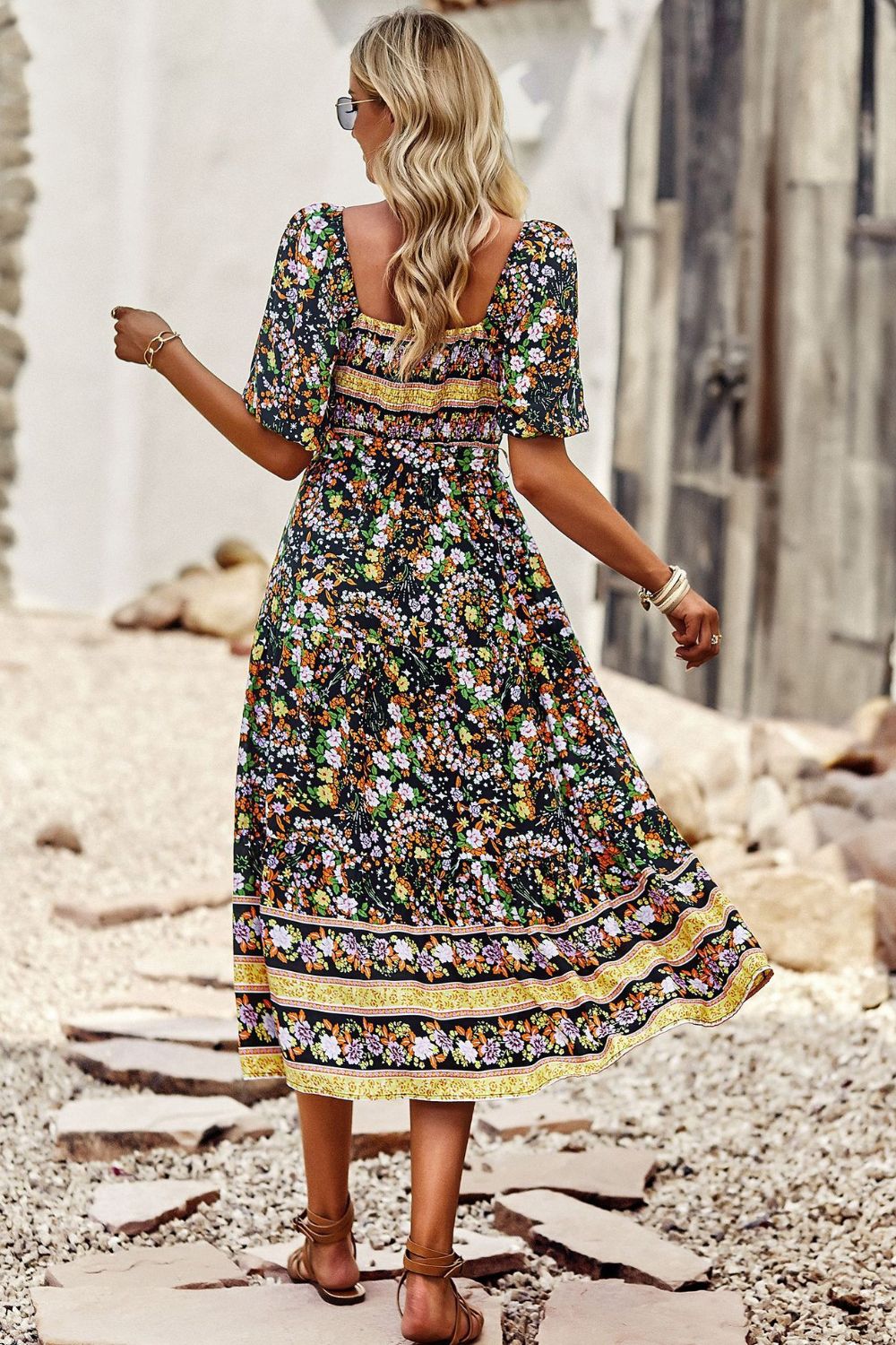 Bohemian Square Neck Short Sleeve Midi Dress