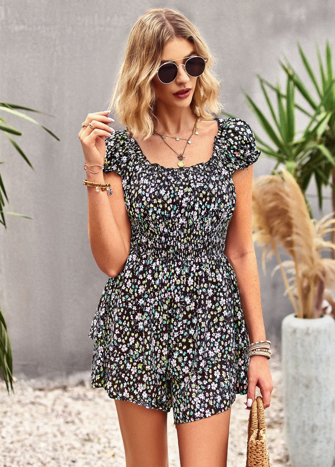Buy Printed Frill Trim Square Neck Romper by Faz